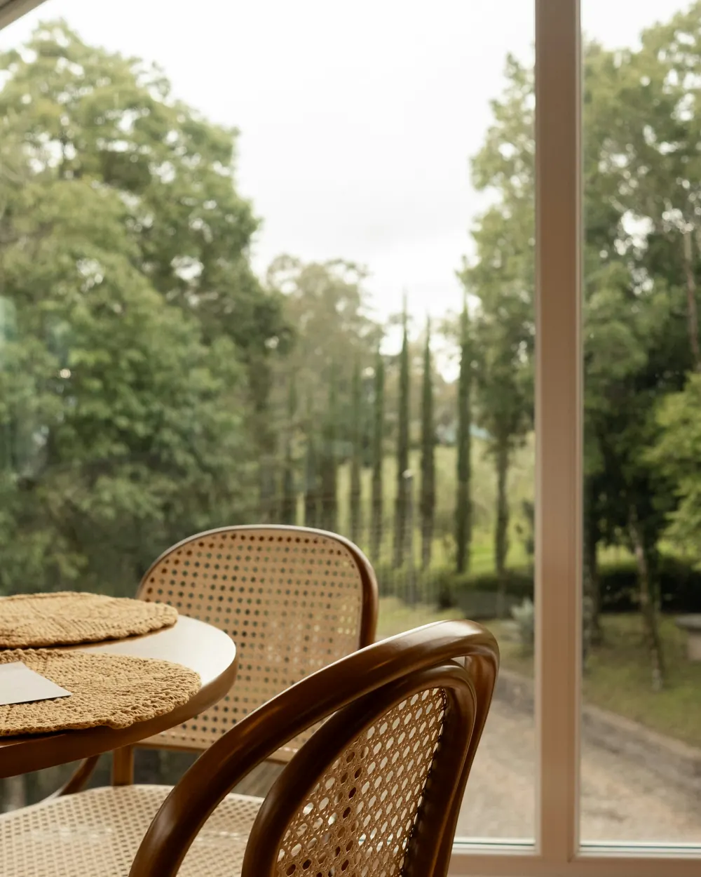 Cane chairs at the window facing the cypress trees